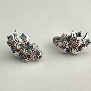 Vintage Signed Coro Elegant Silver and Blue Crystal Clip Earrings
